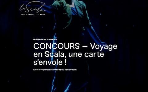 Visuel du concours des correspondances théâtrales à la Scala Paris, fond bleu de nuit avec titre et personne en mouvement