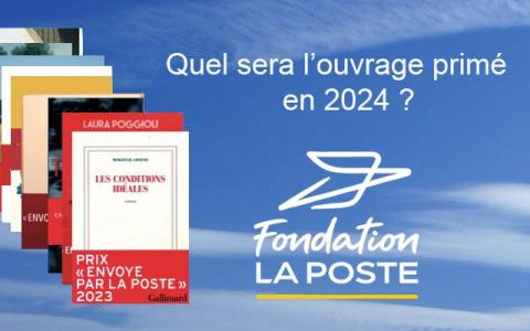 photo ciel et nuages, couvertures des livres primés les uns derrière les autres et logo de la Fondation La Poste