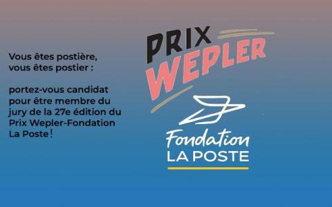 Visuel bleu avec logo de la Fondation et du prix Wepler pour appel à candidature