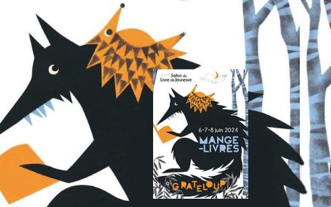 Visuel avec  dessin d'un loup noir lisant un livre dans une forêt