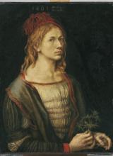 Reproduction d'un autoportrait d'Albrecht Dürer : Portrait de l’artiste tenant un chardon, 1493