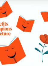 visuel avec une fleur et des livres dessinés et le logo des Petits champions de la lecture
