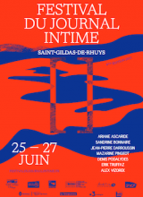 Affiche du festival du journal intime (vagues bleues sur fond rouge)