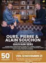 Affiche du concert de cloture de la 50e session d'Astaffort avec Ours, Pierre et Alain Souchon sur la photo