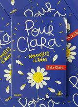 Couverture du recueil de nouvelles d'ados Prix Clara 2021, fond bleu, marguerite, Pour Clara