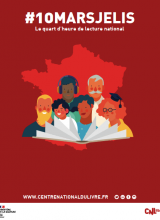 Affiche du 10 mars je lis (rouge avec dessin de la france et de personnages lisant