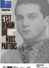 Affiche de l'exposition c'est déjà demain que nous partons, visage d'un jeune garçon et une lettre. Mémorial de la Shoah