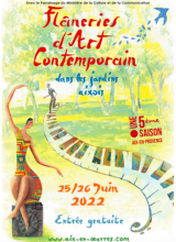 Affiche des Flâneries d'art contemporain : dessin en couleur, personnages et jardins