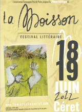 Affiche du festival La Moisson, peinture fond jaune vert, un homme levant les bras