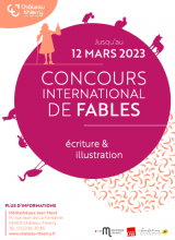 Affiche du concours avec titre et date en lettres blanches sur cercle au fond rose