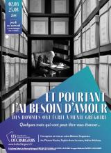 Affiche du spectacle : un homme en train d'écrire dans une bibliothèque