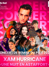 Affiche du concert de Xam Hurricane et de la remise du prix : photo de visages sur fond rose avec le mot concert inscrit en filigrane