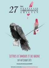 Affiche du festival avec oiseaux sur fil tenant chacun un courrier