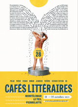 Affiche du festival : un homme de dos prenant une douche de lettres et de mots