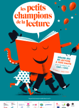 Affiche des Petits Champions de la lecture : dessin d'un livre orange ouvert avec des jambes sur fond turquoise