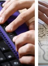 Trois visuels montrant des écouteurs, des mains sur braille numérique et braille papier