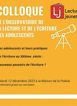 Affiche du colloque, fond jaune avec logo Lecture jeunesse titre du colloque en lettres blanches et description en lettres noires