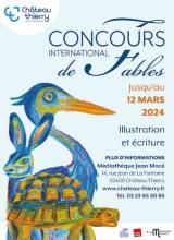 Affiche du concours avec dessins en couleur d'un héron, d'un lapin et d'une tortue