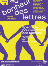 Affiche du spectacle du bonheur des lettres, dessin de silhouettes se donnant la main, jaune et violet