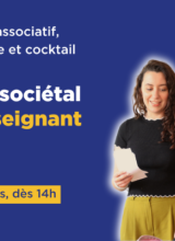 visuel de la conférence le rôle sociétal de l'enseignement. Fond bleu, jeune femme debout tenant des documents